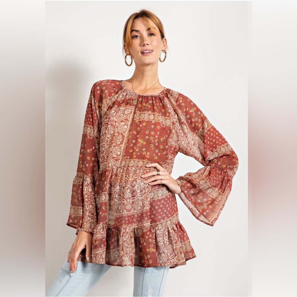 55 Easel Red Bohemian Patchwork Blouse
